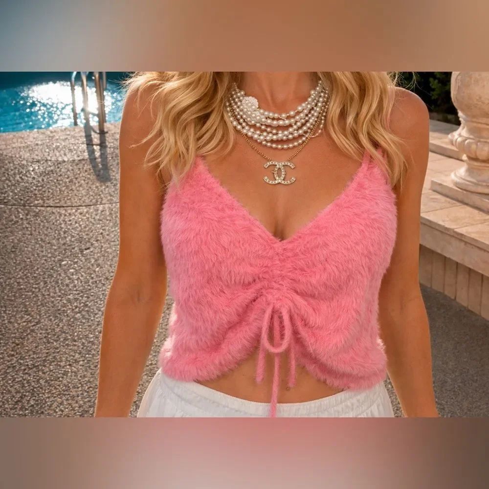 *Barbie-Pink* Soft Fuzzy Eyelash Shirred Cami Crop Tank Sz XXL
